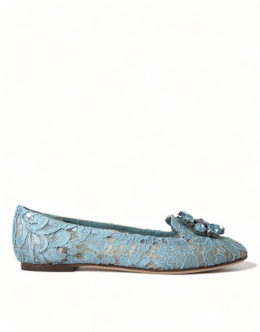 Dolce & Gabbana Blue Vally Taormina Lace Crystals Flats Shoes - DEA STILOSA MILANO
