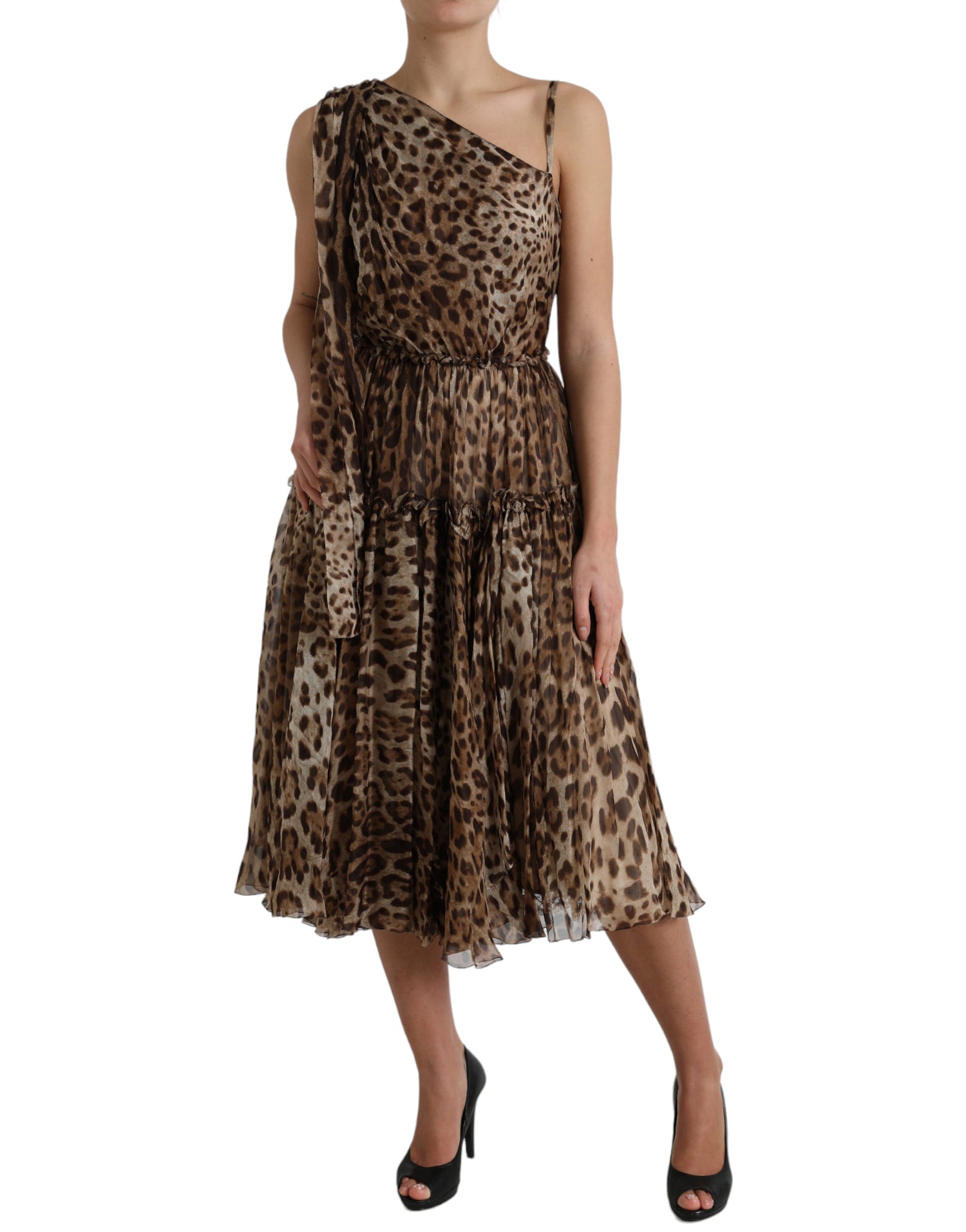 Dolce & Gabbana Brown Leopard Print Silk Ruffled Midi Dress - DEA STILOSA MILANO