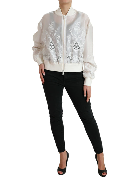 Dolce & Gabbana White Floral Lace Silk Full Zip Bomber Jacket - DEA STILOSA MILANO