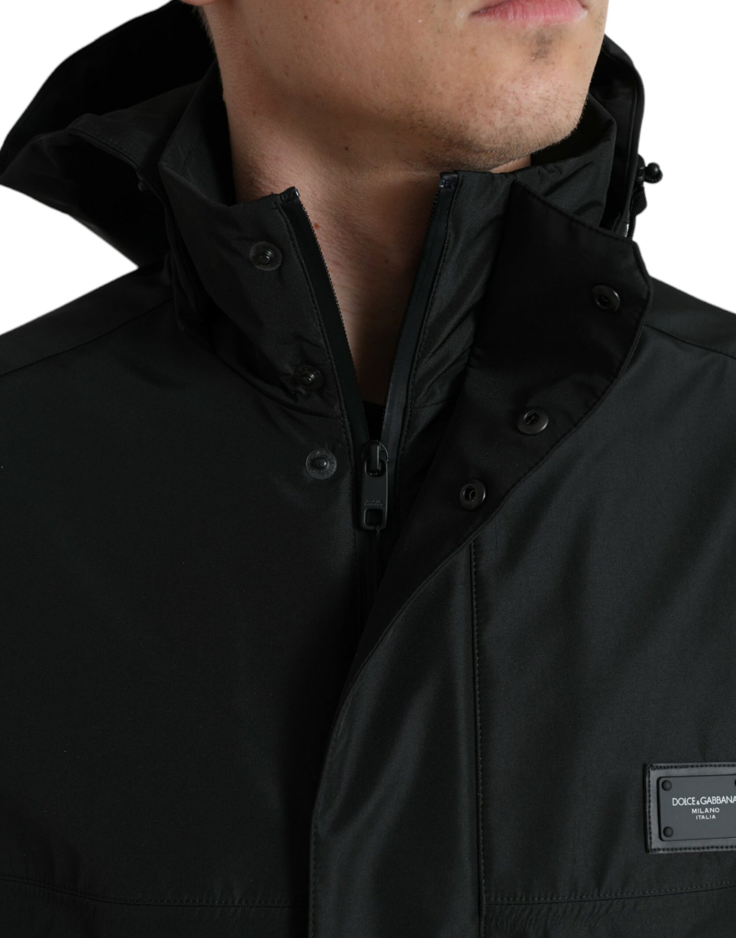 Dolce & Gabbana Black Polyester Logo Plaque Hooded Jacket - DEA STILOSA MILANO