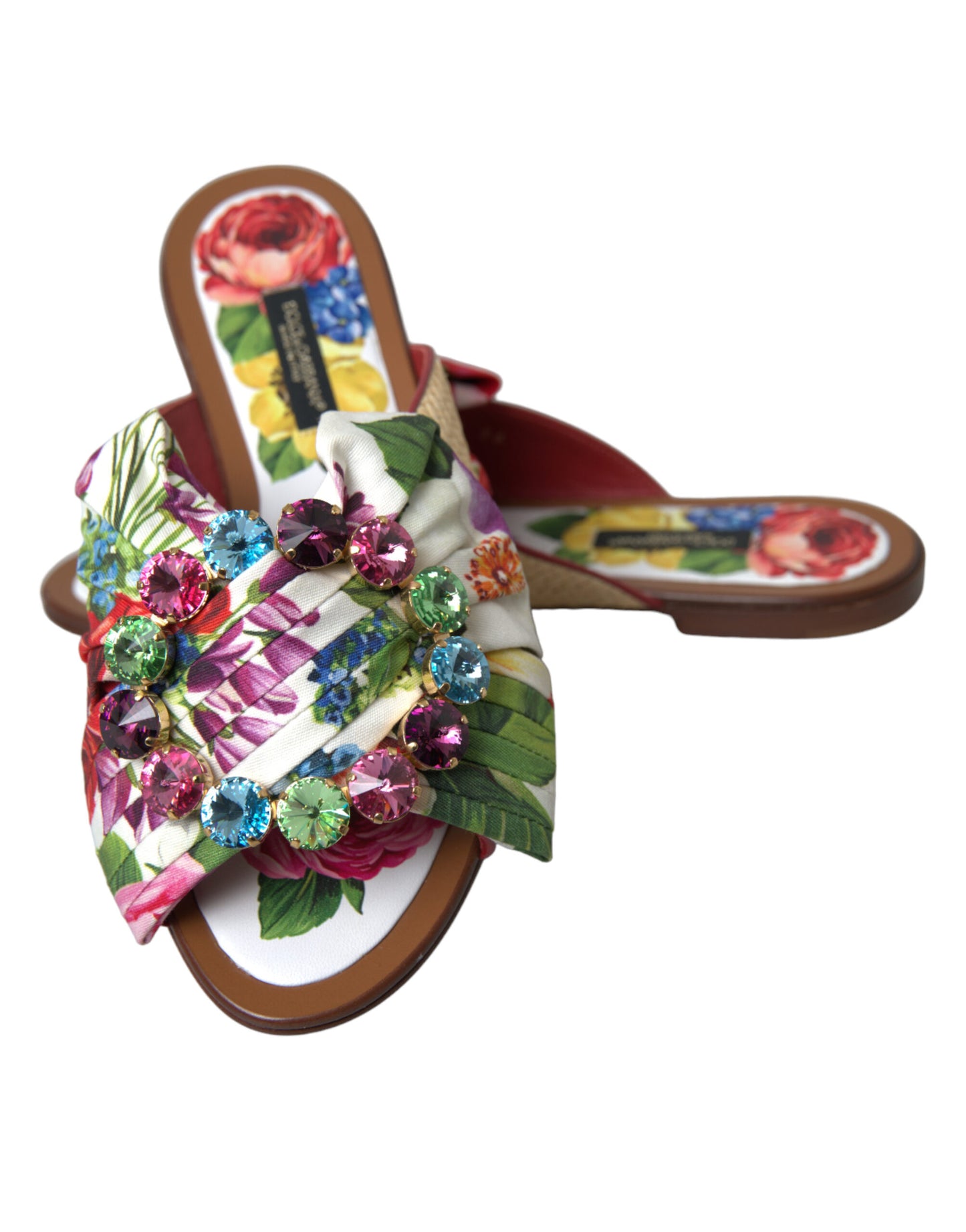 Dolce & Gabbana Multicolor Floral Flats Crystal Sandals Shoes - DEA STILOSA MILANO