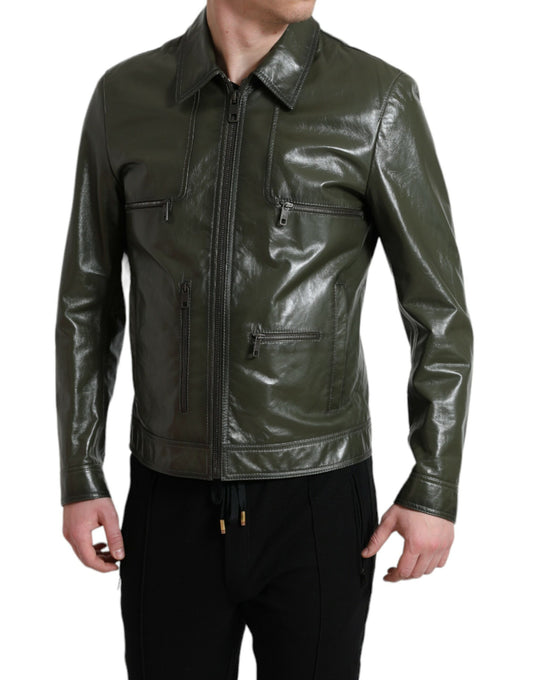 Dolce & Gabbana Green Leather Collared Biker Full Zip Jacket - DEA STILOSA MILANO