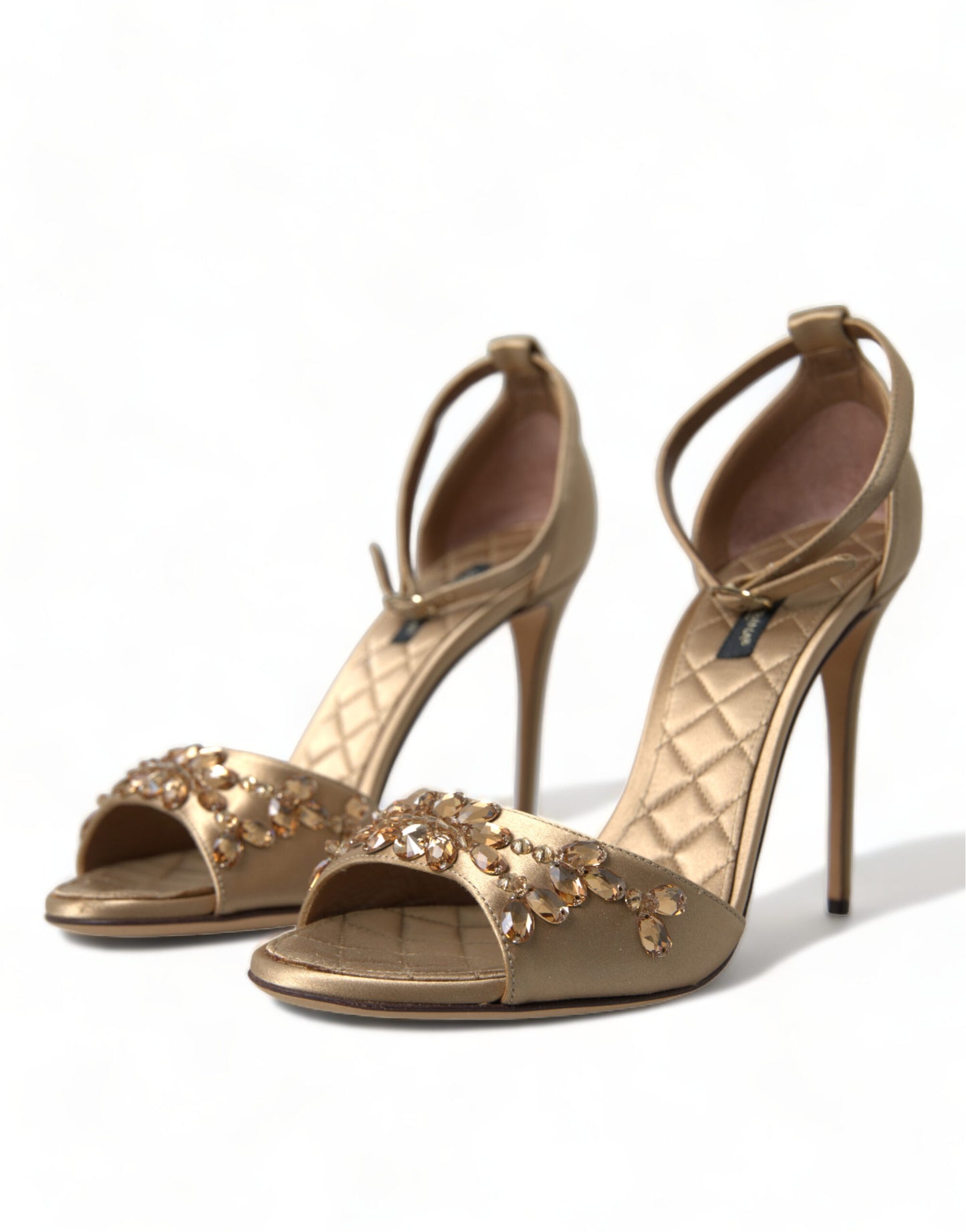 Dolce & Gabbana Gold Satin Ankle Strap Crystal Sandals Shoes - DEA STILOSA MILANO