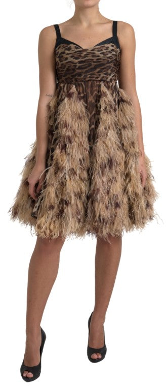 Dolce & Gabbana Brown Leopard Feather Chiffon Sleeveless Dress - DEA STILOSA MILANO