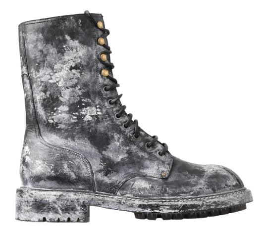 Dolce & Gabbana Black Gray Leather Mid Calf Boots Shoes - DEA STILOSA MILANO