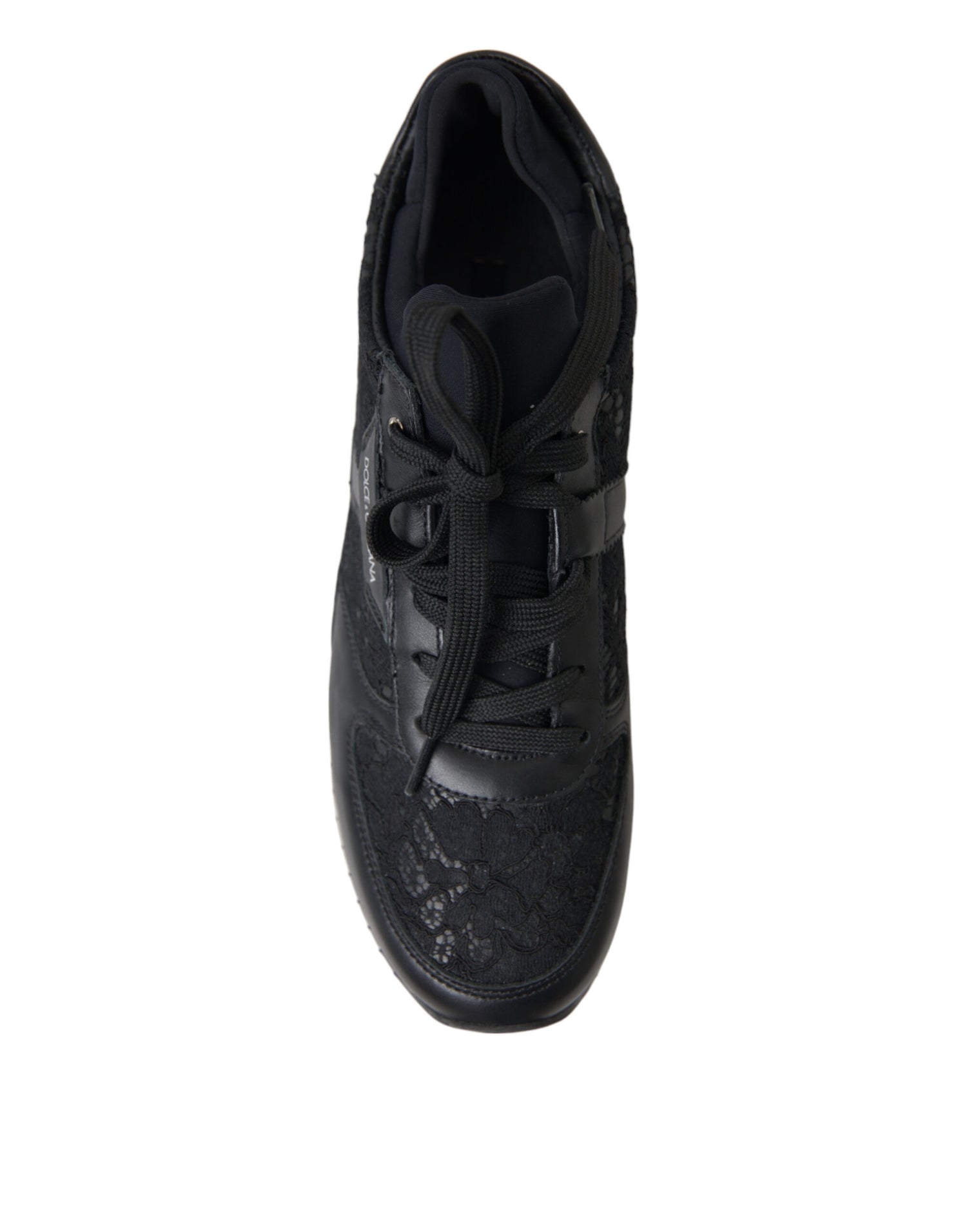 Dolce & Gabbana Black Floral Lace Leather Sneakers Shoes - DEA STILOSA MILANO