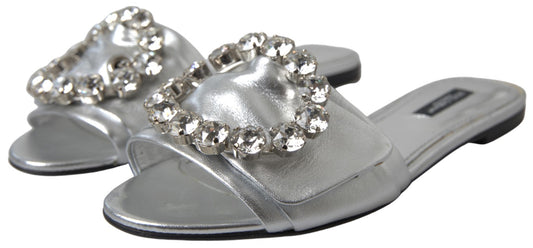 Dolce & Gabbana Silver Crystal Embellished Slides Flat Shoes - DEA STILOSA MILANO