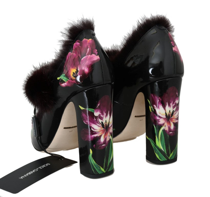 Dolce & Gabbana Black Leather Purple Tulip Mink Fur Pumps - DEA STILOSA MILANO