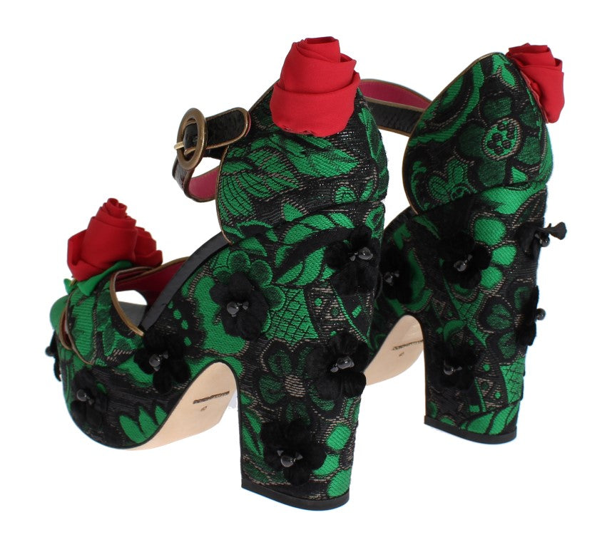 Dolce & Gabbana Green Brocade Snakeskin Roses Crystal Shoes - DEA STILOSA MILANO