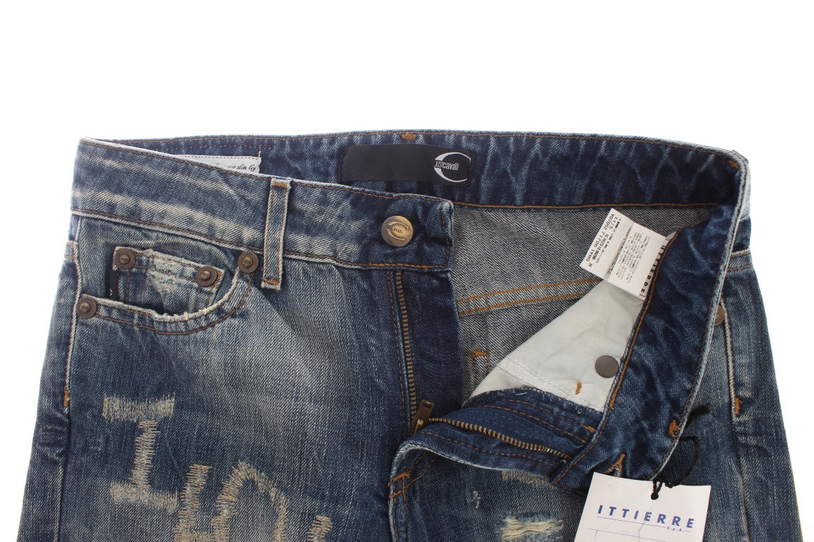 Cavalli Blue Wash Torn Cotton Straight Fit Jeans - DEA STILOSA MILANO