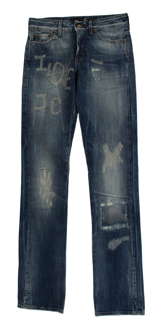 Cavalli Blue Wash Torn Cotton Straight Fit Jeans - DEA STILOSA MILANO