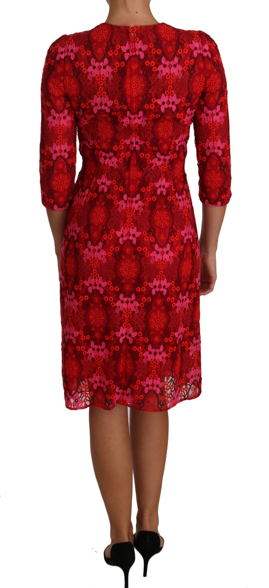 Dolce & Gabbana Floral Crochet Lace Red Pink Sheath Dress - DEA STILOSA MILANO