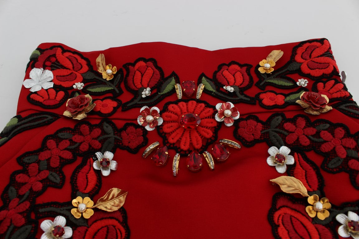 Dolce & Gabbana Red Silk Crystal Roses Shorts - DEA STILOSA MILANO