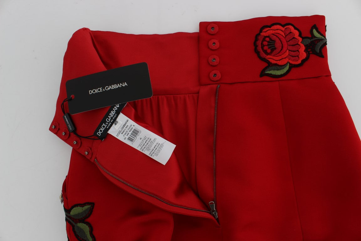 Dolce & Gabbana Red Silk Crystal Roses Shorts - DEA STILOSA MILANO