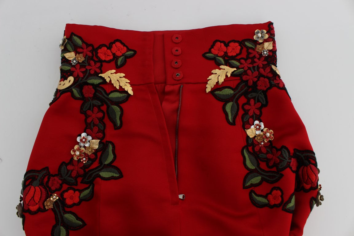 Dolce & Gabbana Red Silk Pearls Roses Shorts - DEA STILOSA MILANO