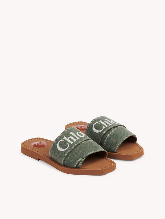Chloé Forest Green Cotton Slides Woody Sandals - DEA STILOSA MILANO