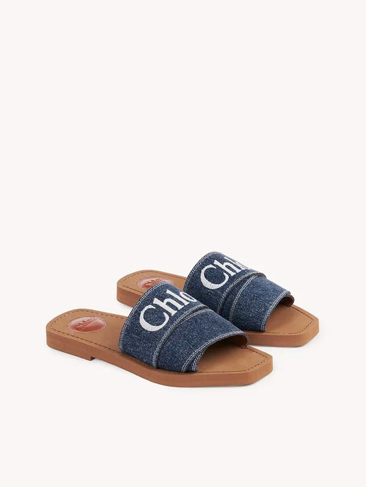 Chloé Denim Blue Cotton Slides Woody Sandals - DEA STILOSA MILANO