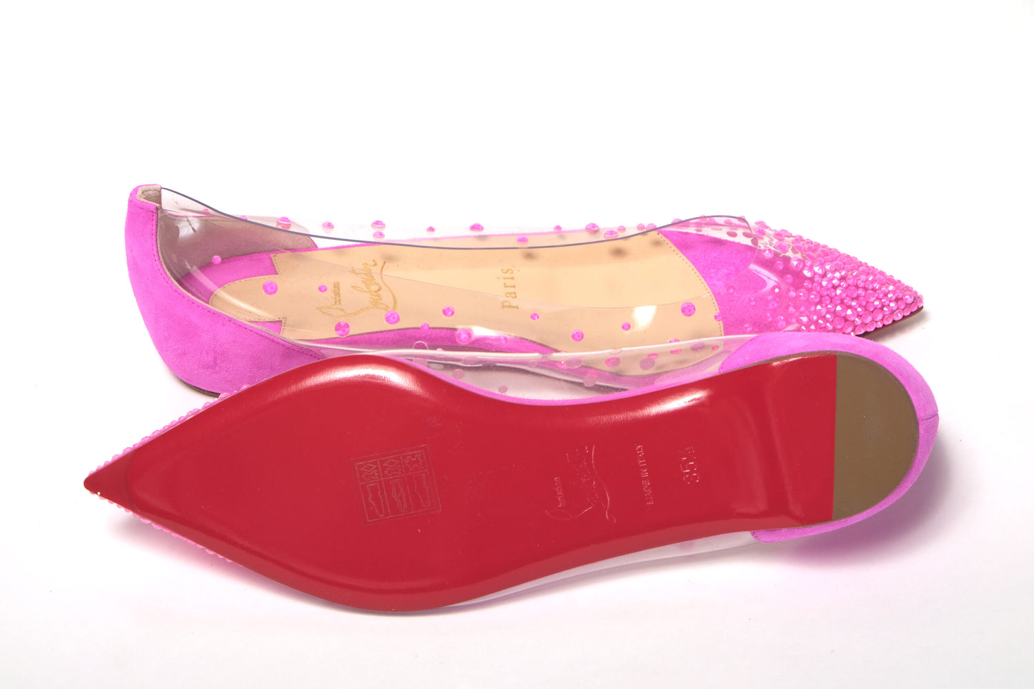 Christian Louboutin Hot Pink Suede Crystals Flat Point Toe Shoe - DEA STILOSA MILANO