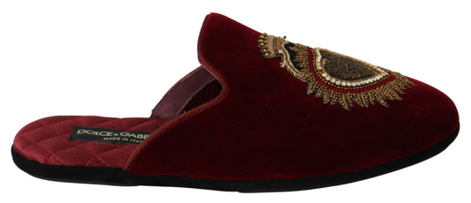 Dolce & Gabbana Red Velvet Sacred Heart Embroidery Slides Shoes - DEA STILOSA MILANO
