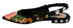 Dolce & Gabbana Black Floral Crystal Slingbacks Flats Shoes - DEA STILOSA MILANO
