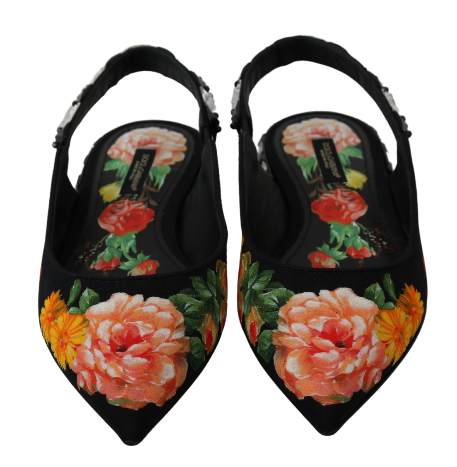Dolce & Gabbana Black Floral Crystal Slingbacks Flats Shoes - DEA STILOSA MILANO
