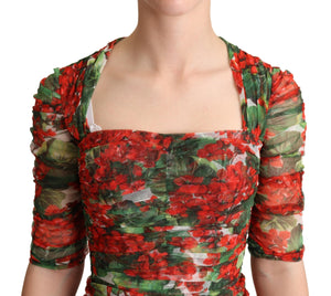 Dolce & Gabbana Red Floral Print Tulle Sheath Midi Dress - DEA STILOSA MILANO