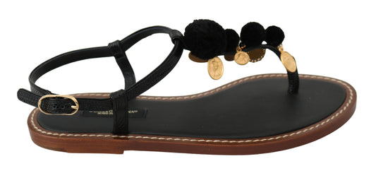 Dolce & Gabbana Black Leather Coins Flip Flops Sandals Shoes - DEA STILOSA MILANO
