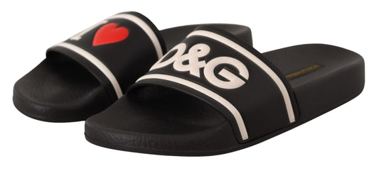 Dolce & Gabbana Black Leather I Love D&G Slides Sandals - DEA STILOSA MILANO