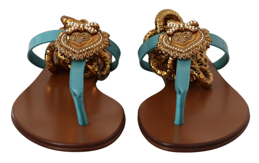 Dolce & Gabbana Blue Leather Devotion Flats Sandals - DEA STILOSA MILANO