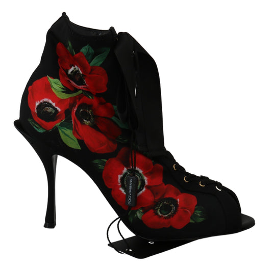 Dolce & Gabbana Black Red Roses Ankle Booties Shoes - DEA STILOSA MILANO