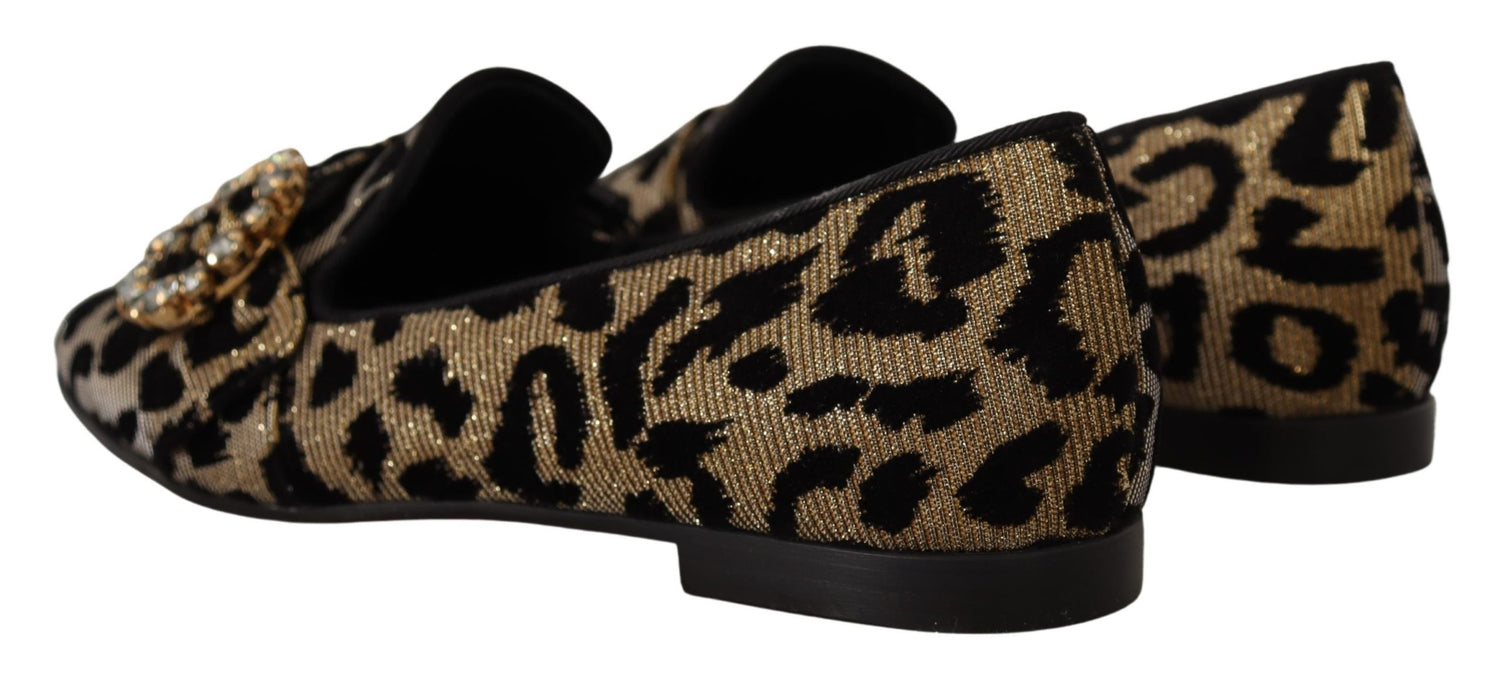 Dolce & Gabbana Gold Leopard Print Crystals Loafers Shoes - DEA STILOSA MILANO