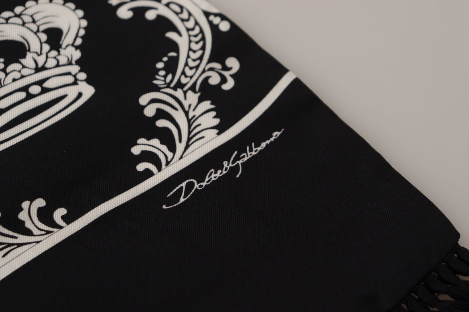Dolce & Gabbana Black Silk Royal Crown Print Logo Shawl Fringe Scarf - DEA STILOSA MILANO