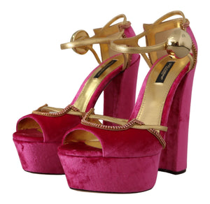 Dolce & Gabbana Pink Velvet Crystal Ankle Strap Sandals Shoes - DEA STILOSA MILANO