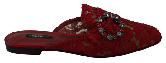 Dolce & Gabbana Red Lace Crystal Slide On Flats Shoes - DEA STILOSA MILANO