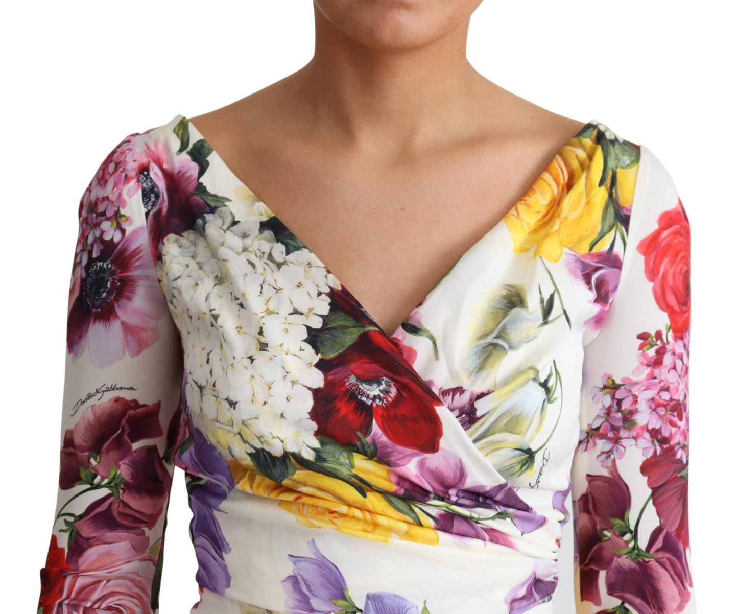 Dolce & Gabbana White Floral Print Silk Long Sleeve Dress - DEA STILOSA MILANO