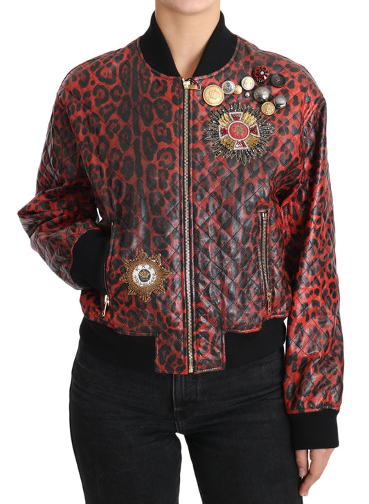 Dolce & Gabbana Red Leopard Button Crystal Leather Jacket - DEA STILOSA MILANO