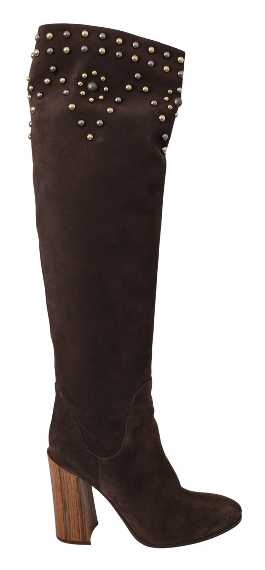 Dolce & Gabbana Brown Suede Studded Knee High Shoes Boots - DEA STILOSA MILANO