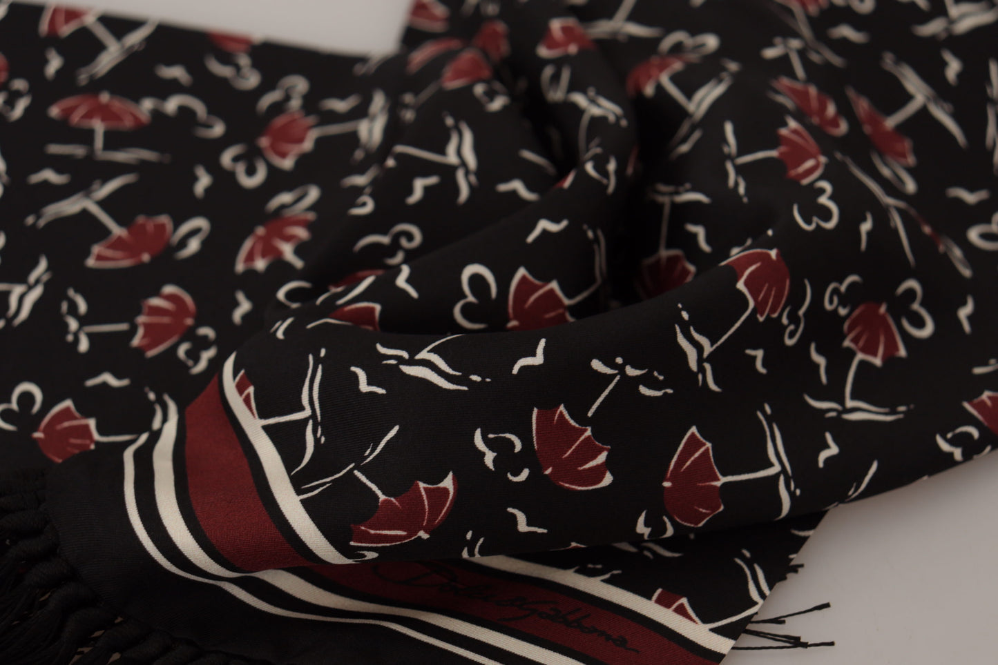 Dolce & Gabbana Black Red Umbrellas Patterned Shawl Fringe Scarf - DEA STILOSA MILANO