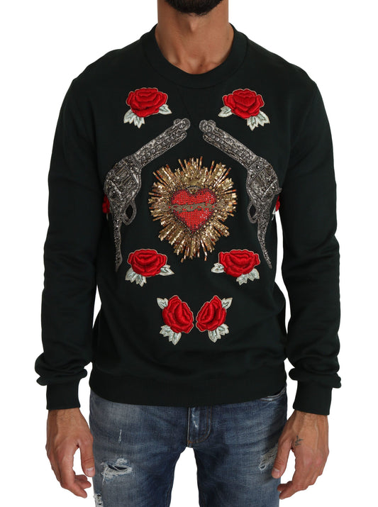 Dolce & Gabbana Green Crystal Heart Roses Gun Sweater - DEA STILOSA MILANO