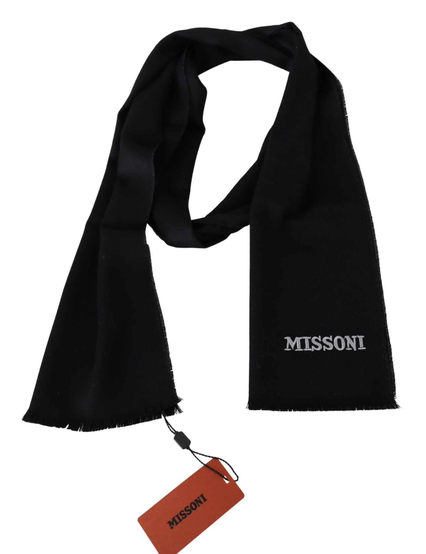 Missoni Black 100% Wool Unisex Neck Wrap Fringes Logo Scarf - DEA STILOSA MILANO