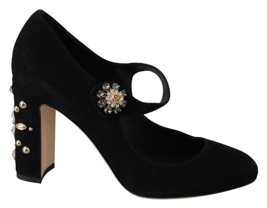 Dolce & Gabbana Black Suede Crystal Heels Mary Jane Shoes - DEA STILOSA MILANO