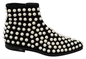 Dolce & Gabbana Black Suede Pearl Studs Boots Shoes - DEA STILOSA MILANO