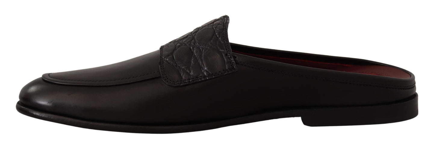 Dolce & Gabbana Black Leather Caiman Sandals Slides Slip Shoes - DEA STILOSA MILANO