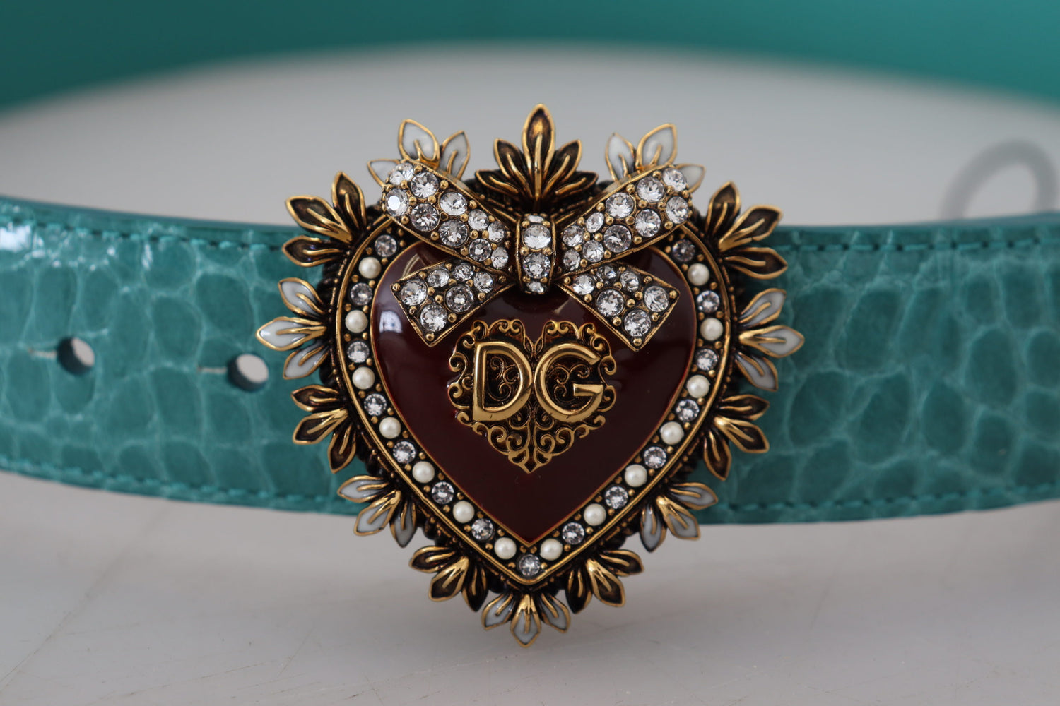 Dolce & Gabbana Blue Leather Gold DEVOTION Heart Buckle Belt - DEA STILOSA MILANO
