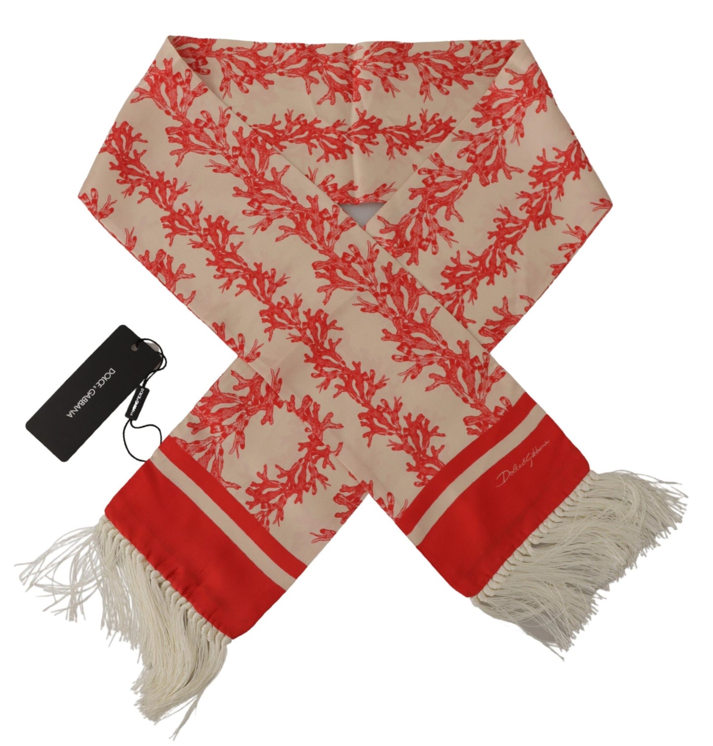 Dolce & Gabbana White Red Coral Print Shawl Wrap Fringe Scarf - DEA STILOSA MILANO