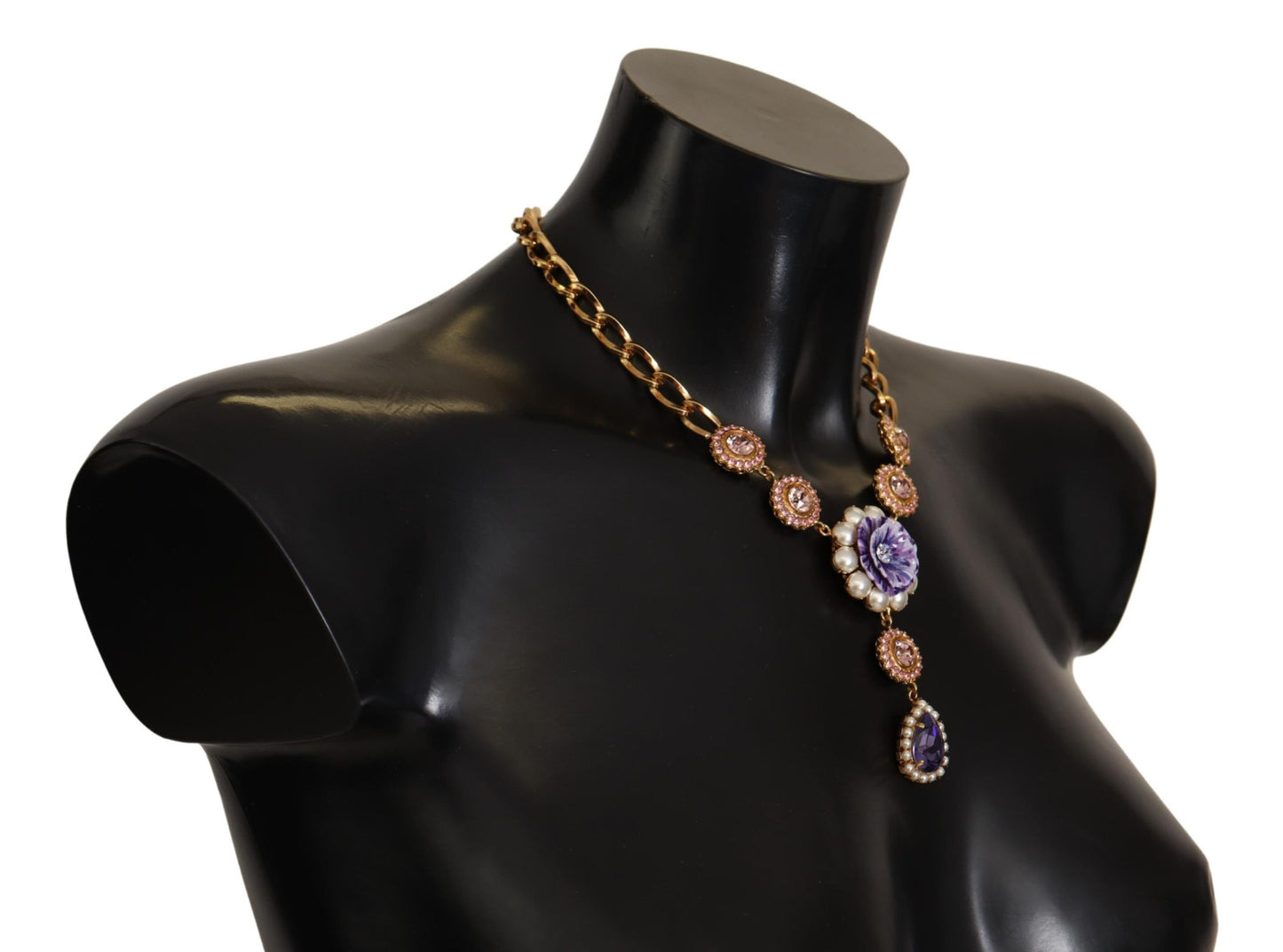 Dolce & Gabbana Gold Brass Crystal Purple Pink Pearl Pendants Necklace - DEA STILOSA MILANO