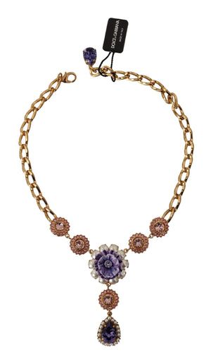 Dolce & Gabbana Gold Brass Crystal Purple Pink Pearl Pendants Necklace - DEA STILOSA MILANO