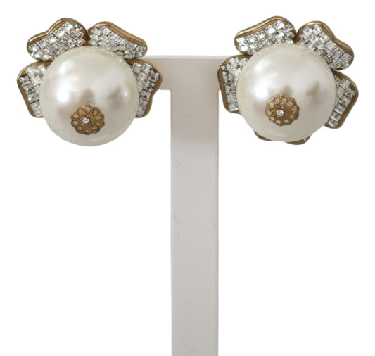 Dolce & Gabbana Gold Tone Maxi Faux Pearl Floral Clip-on Jewelry Earrings - DEA STILOSA MILANO