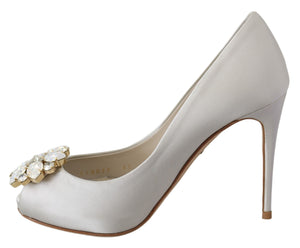 Dolce & Gabbana White Crystals Peep Toe Heels Satin Pumps Shoes - DEA STILOSA MILANO
