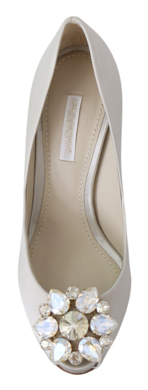 Dolce & Gabbana White Crystals Peep Toe Heels Satin Pumps Shoes - DEA STILOSA MILANO